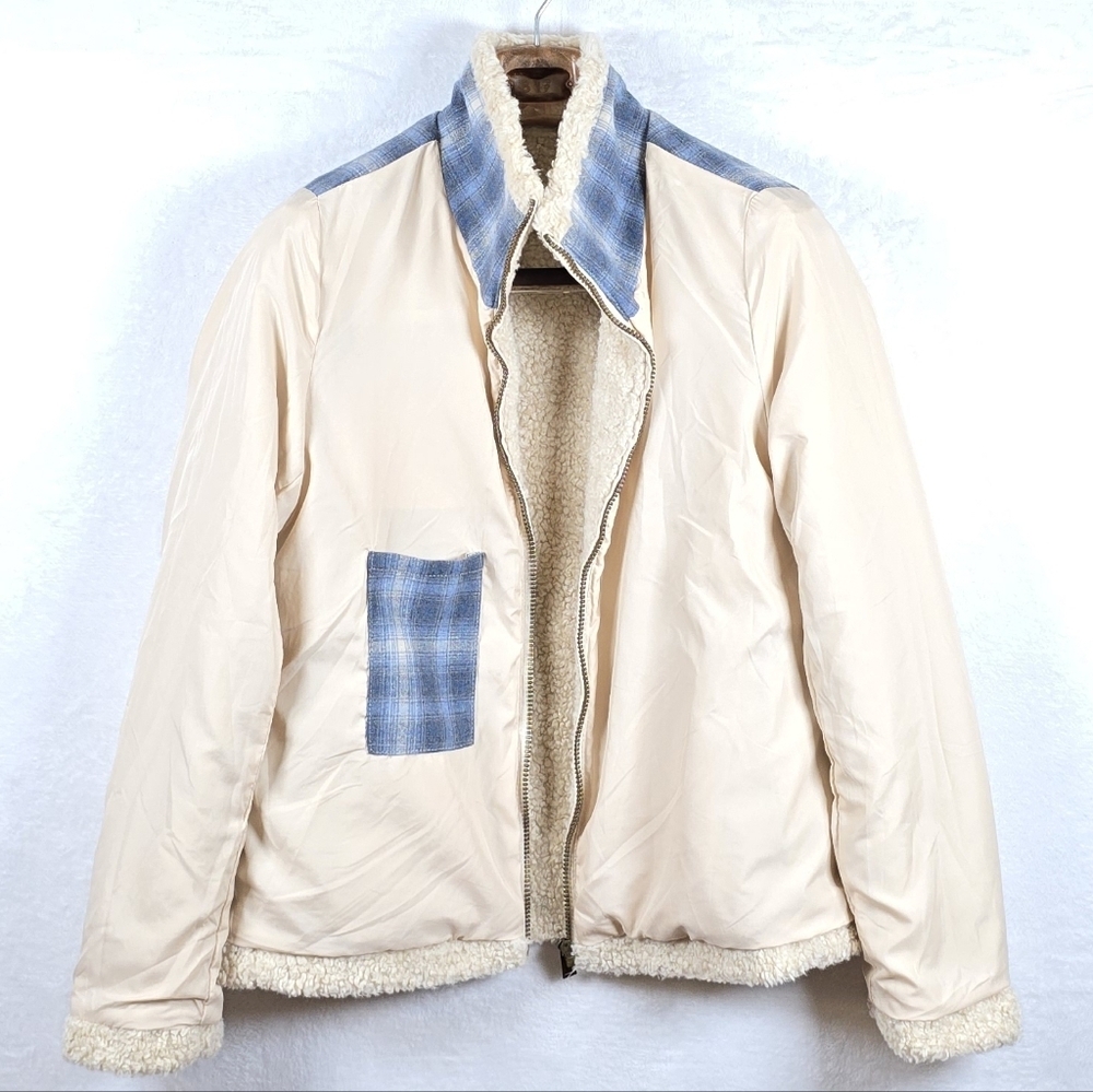 Pendleton Sherpa Jacket Deep Pile Fleece Full Zip Pocket Plaid Detail Women M - Picture 5 of 12